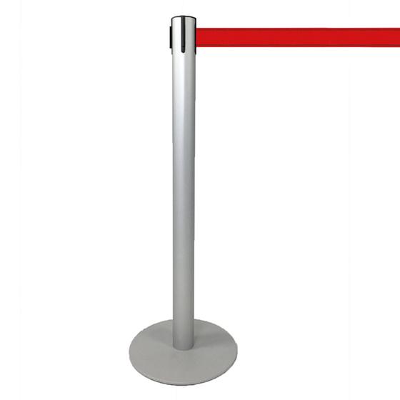 Absperrpfosten mit Gurtband bis 2 m in rot, Aluminium lichtgrau eloxiert, Aufbaumaterial liegt bei