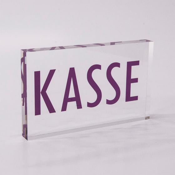 Acrylic block made of PLEXIGLAS® with imprint "Kasse" (cash desk)