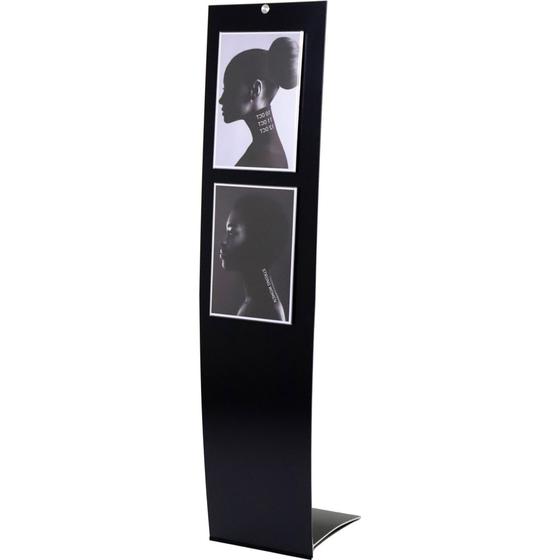 Bodendisplay mit Aluminiumfuß pulverbeschichtet in schwarz, Verbundpaneel am Edelstahl-Spannseil