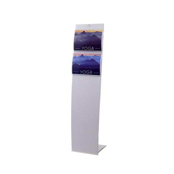 Bodendisplay mit Aluminiumfuß pulverbeschichtet in weiß, Verbundpaneel am Edelstahl-Spannseil