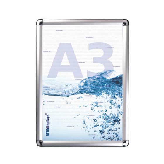 DIN A3 Klapprahmen / Wechselramen aus Aluminium mit Rondo Chrom-Ecken (25 mm Profil)