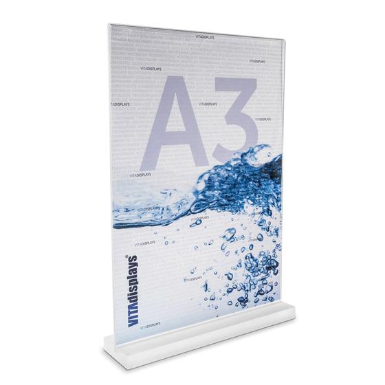 Tischaufsteller A3 mit Acrylblock (satiniert) als Premium Werbeaufsteller aus PLEXIGLAS®