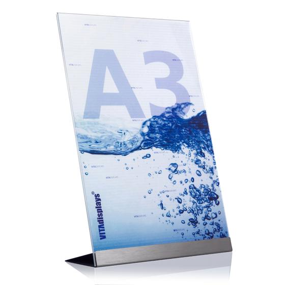 Werbeaufsteller DIN A3 aus PLEXIGLAS® mit Edelstahl-Basis