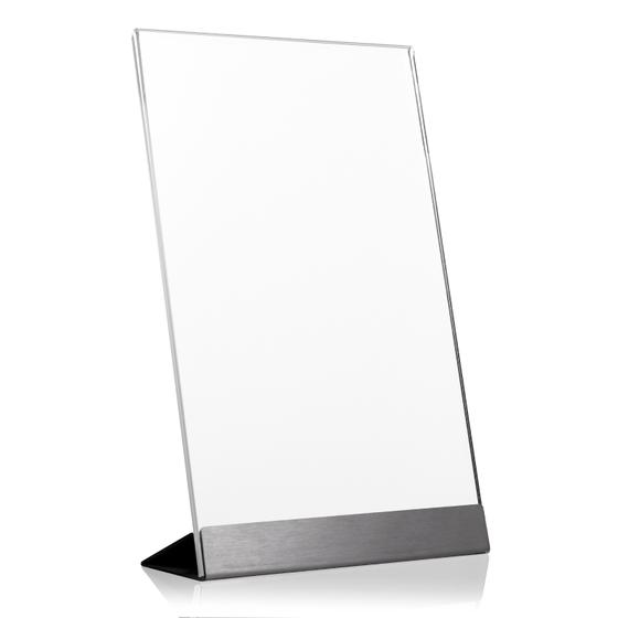 DIN A4 Werbeaufsteller aus PLEXIGLAS® mit Edelstahl-Basis