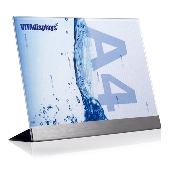 Werbeaufsteller DIN A4 Quer aus PLEXIGLAS® mit Edelstahl-Basis