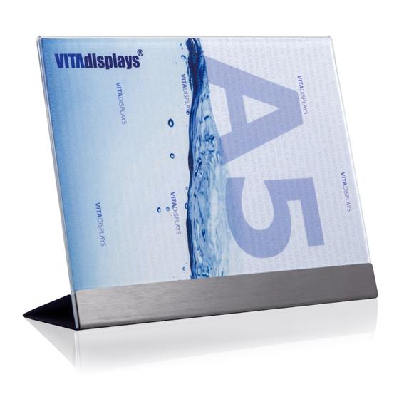 Werbeaufsteller DIN A5 Quer aus PLEXIGLAS® mit Edelstahl-Basis