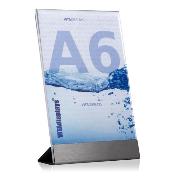 Advertising display DIN A6 made of PLEXIGLAS® with stainless steel base