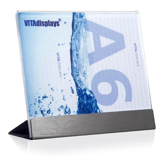 Werbeaufsteller DIN A6 Quer aus PLEXIGLAS® mit Edelstahl-Basis