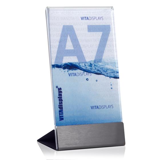 Werbeaufsteller DIN A7 aus PLEXIGLAS® mit Edelstahl-Basis