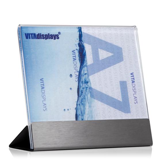 Werbeaufsteller DIN A7 Quer aus PLEXIGLAS® mit Edelstahl-Basis