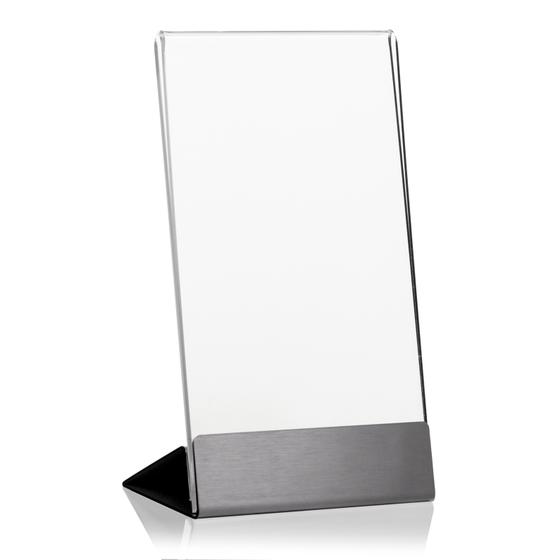 Werbeaufsteller DIN lang DL aus PLEXIGLAS® mit Edelstahl-Basis