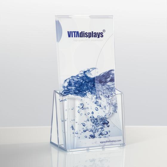 DIN long table leaflet holder from VITAdisplays® as transparent table leaflet holder and flyer stand