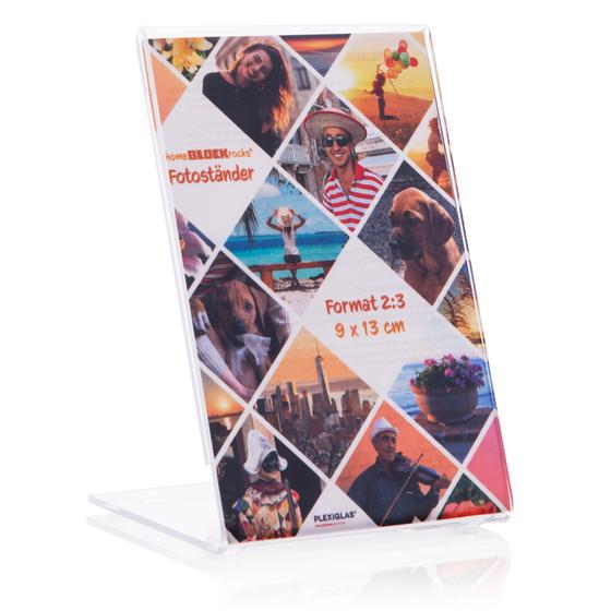 Fotoständer 9 x 13 cm aus PLEXIGLAS, rahmenloser Bilderrahmen für kleine Fotoabzüge zum Aufstellen