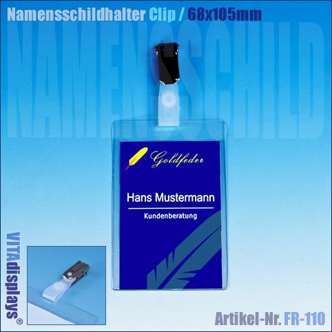 Name tag holder with clip portrait format 68 x 105 mm