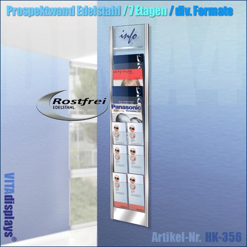 Prospektwand Edelstahl / 7 Etagen / Format DIN lang, A5, A4
