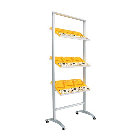 Wheeled brochure stand with 9 DIN A4 trays made of acrylic glass