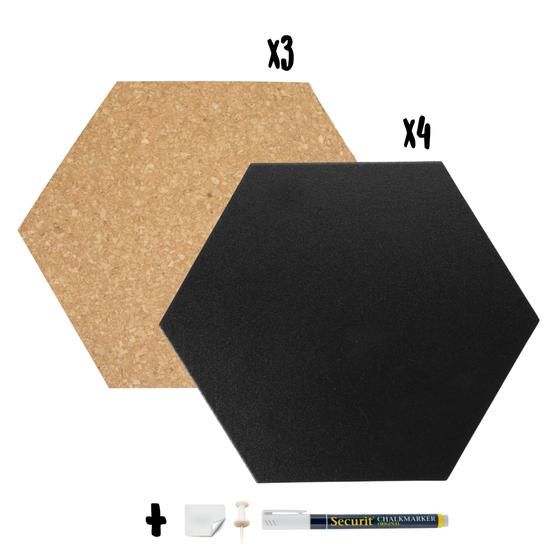 6er-Set Securit Kork- und Kreidetafel Hexagon Schwarz/Kork für Büro und Wohnzimmer