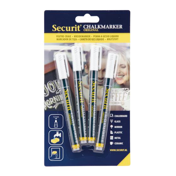 12er-Set Securit Kreidemarker-Quartett Weiß im 4er-Blister mit Rundspitze für Kreidetafel und Fenster