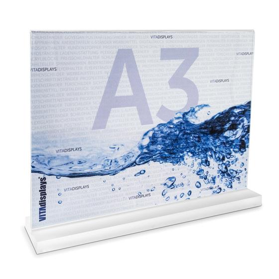 Tischaufsteller im A3 Querformat mit Acrylblock (satiniert) Premium Aufsteller aus PLEXIGLAS®