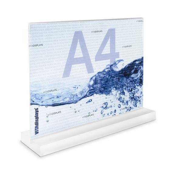 Tischaufsteller im A4 Querformat mit Acrylblock (satiniert) Premium Aufsteller aus PLEXIGLAS®