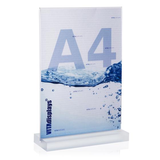 Tischaufsteller A4 mit Acrylblock (satiniert) als Premium Werbeaufsteller aus PLEXIGLAS®