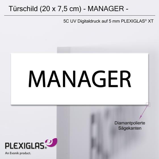 Türschild MANAGER (20 x 7,5 cm) aus 5 mm PLEXIGLAS® (weiss)
