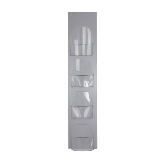 Wandprospekthalter für 4 x DIN A4, Alu-Verbund-Paneel in silbermatt, Taschen frei umhängbar, 1450 x 300 mm