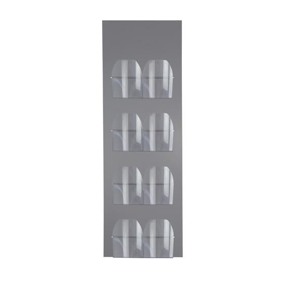 Wandprospekthalter für 8 x DIN A5, Alu-Verbund-Paneel in silbermatt, Taschen frei umhängbar, 1450 x 500 mm